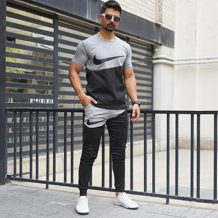 ست تیشرت شلوار نایک طوسی مشکی مردانه مدلMs2