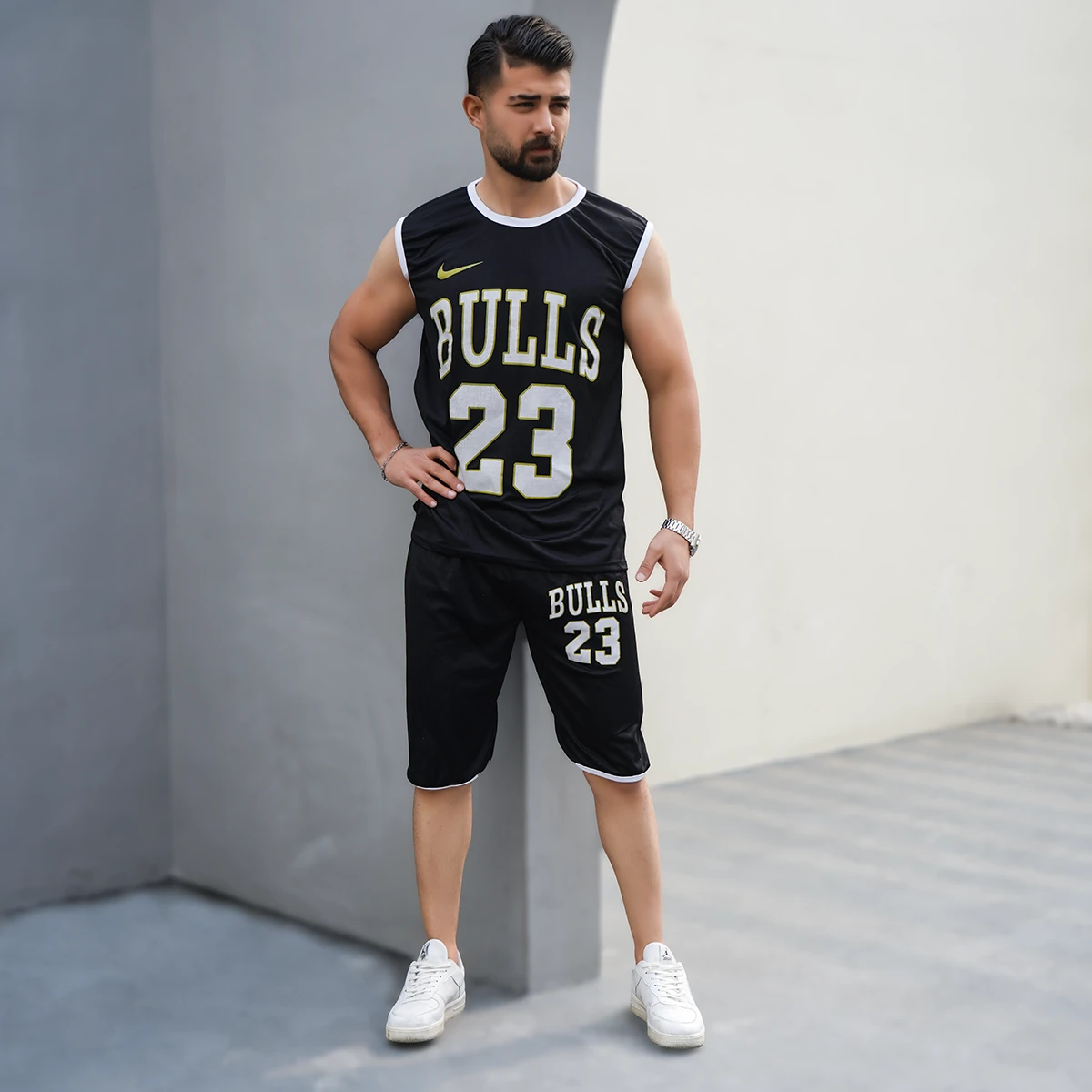 ست رکابی شلوارک مشکی مردانه مدل bulls 23