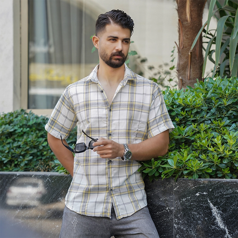 پیراهن چهارخونه زرد سفید مردانه مدل Okava