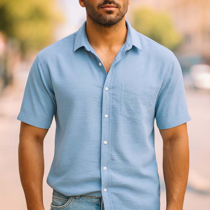پیراهن آستین کوتاه آبی روشن مردانه مدل باکسی