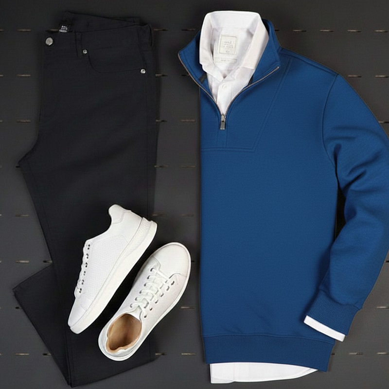 پکیج دورس مردانه نیم زیپ مدل Behbod-آبی  پیراهن مردانه سفید VQ