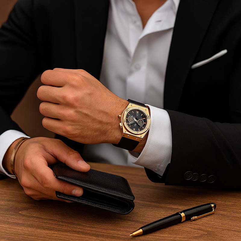 ساعت مچی Hublot طلایی صفحه مشکی مدل C70